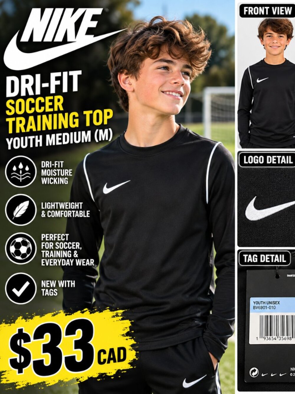 Nike Dri-FIT Dry Park 20 Youth Medium Soccer Training Top Black NWT